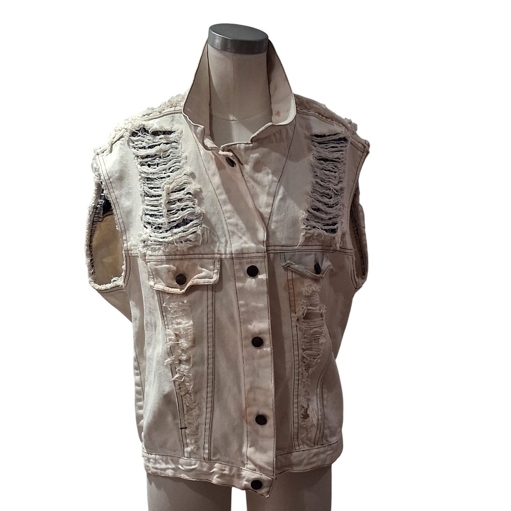 Furst of a Kind Denim Vest Women OS White Distressed Bandana Back 1 of a kind.